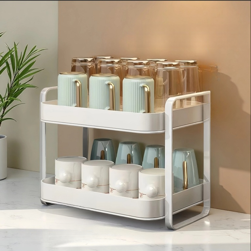 Desk Setup Shelf - ชั้นวางแก้ว 2 ชั้น พร้อมถาดรองน้ำ สำหรับจัดเก็บแก้วกาแฟ แก้วน้ำ