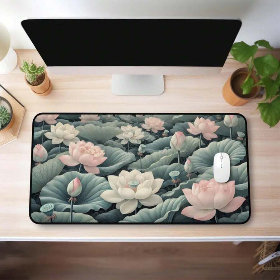 Desk Setup Inspiration - แผ่นรองเมาส์ลายดอกบัวขนาดใหญ่ แผ่นรองเมาส์กันลื่น แรงบันดาลใจจากธรรมชาติ สำหรับการตั้งค่าเกมในสำนักงาน