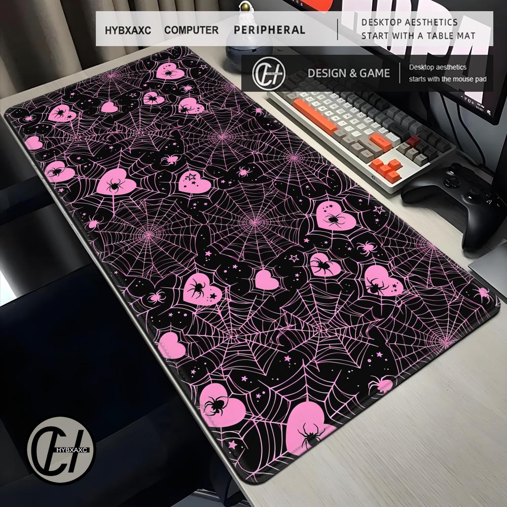 Desk Setup For Gaming - แผ่นรองเมาส์ลายใยแมงมุมสีขาวหรือชมพู ขนาด 90x40 ซม. ลายหัวใจ พาสเทล