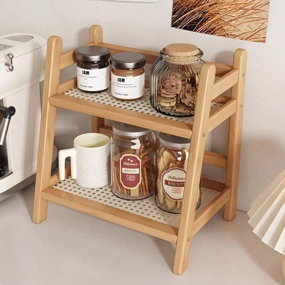 Desk Setup Shelf - ชั้นวางของบนเคาน์เตอร์ไม้ไผ่ 2 ชั้น, ชั้นวางของบนโต๊ะไม้, ชั้นวางโชว์แก้วกาแฟและเครื่องปรุงสำหรับบาร์กาแฟในครัว