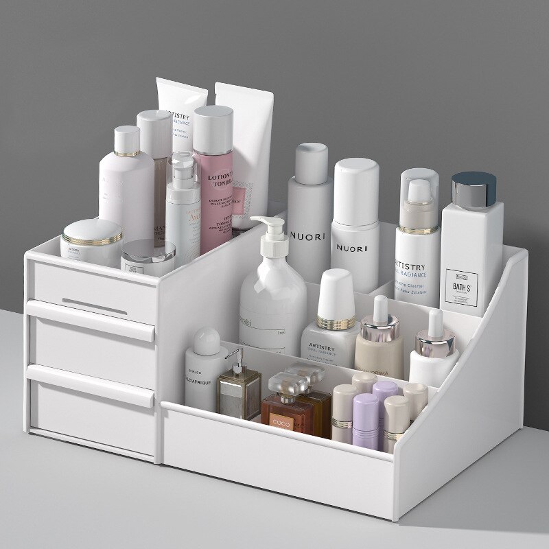 Desk Setup Shelf - กล่องเก็บเครื่องสำอางพลาสติกสีขาว 1 ชิ้น พร้อมลิ้นชัก สำหรับหอพัก เครื่องสำอาง