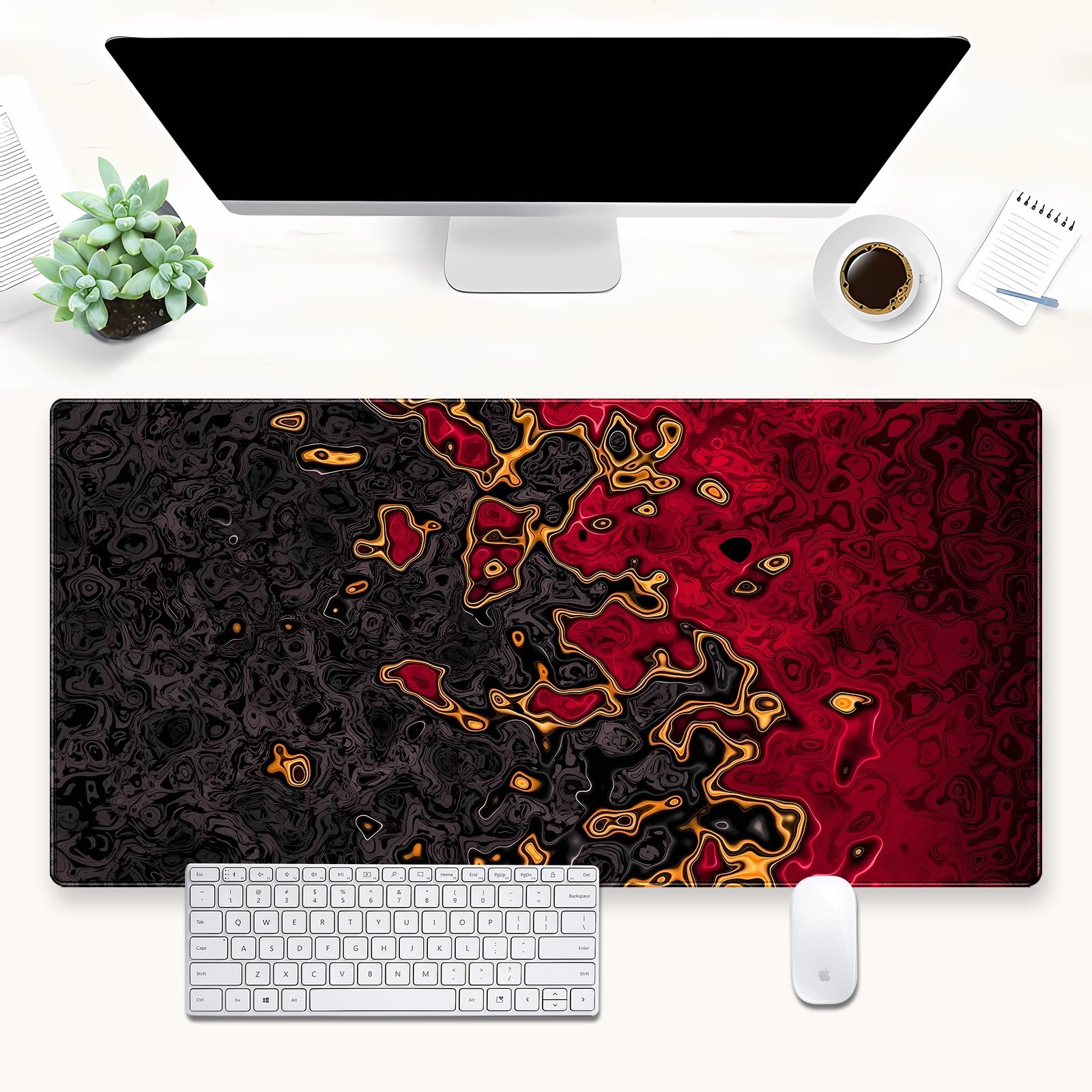 Rubber Mat Desk - แผ่นรองเมาส์เกมมิ่งสีแดงดำขนาดใหญ่พิเศษ ลายฟลูอิดอาร์ต ขนาด 35.4x15.7 นิ้ว XXL